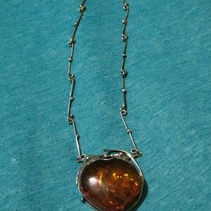 Antique Ornate Sterling Silver Necklace W/ Large Amber Stone
